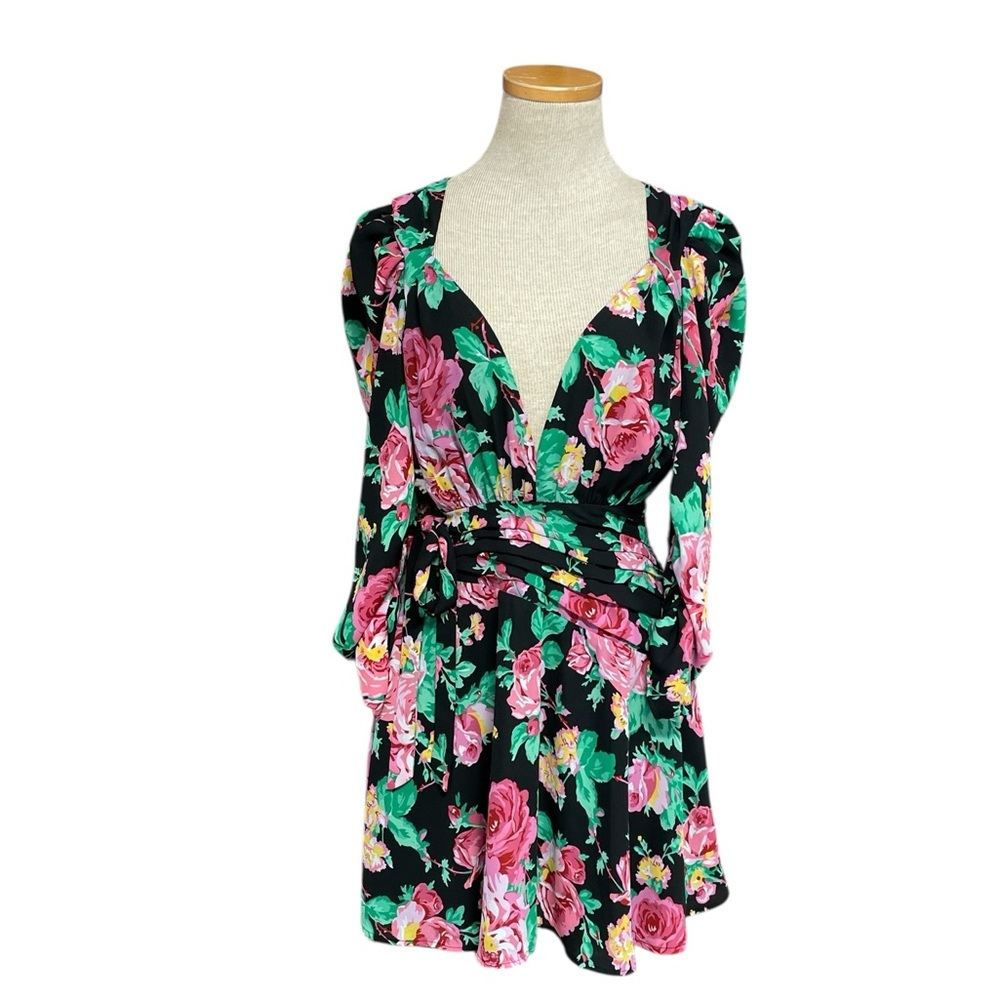 For Love And Lemons Pink Black Floral Dress Mini Floral Puff Sleeve Tie Nwt Xs